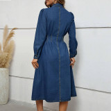 Long Sleeve Lapel Single Breasted Denim Midi Dress GDAM-218655