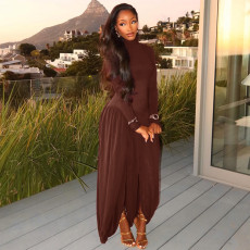 Solid Color Long Sleeve Ruched Maxi Dress GJYO-JD302895
