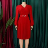 Plus Size V Neck Solid Color Midi Dress GATE-497