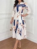 Printed Long Sleeve Lace Patchwork Midi Dress GYLY-11330