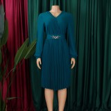 Plus Size V Neck Solid Color Midi Dress GATE-497
