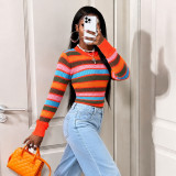 Contrast Color Stripe Long Sleeve Knits Top MXBF-Q26TP149