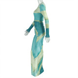 Printed Ruched Long Sleeve Maxi Dress GJYO-JD302978