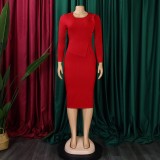 Plus Size Long Sleeve Solid Color Midi Dress GATE-356