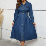 Long Sleeve Lapel Single Breasted Denim Midi Dress GDAM-218655