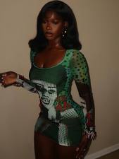 Mesh Printed Long Sleeve Mini Dress GNJF-1979