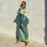Printed Ruched Long Sleeve Maxi Dress GJYO-JD302978
