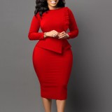 Plus Size Long Sleeve Solid Color Midi Dress GATE-356
