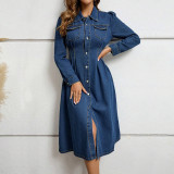 Long Sleeve Lapel Single Breasted Denim Midi Dress GDAM-218655