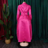 Plus Size Long Sleeve Solid Color Midi Dress(With Belt) GATE-532