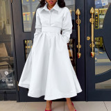 Plus Size Long Sleeve Solid Color Midi Dress(With Belt) GATE-532