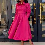 Plus Size Long Sleeve Solid Color Midi Dress(With Belt) GATE-532