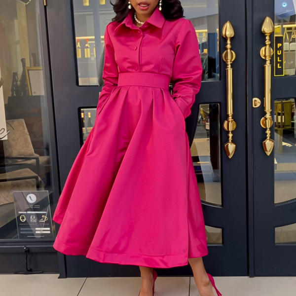 Plus Size Long Sleeve Solid Color Midi Dress(With Belt) GATE-532