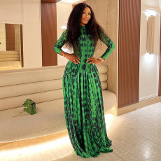 Printed Long Sleeve Pleated Maxi Dress GJYO-JD303575