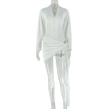 Long Sleeve V Neck Bodysuit Ruched Skirt 2 Piece Set GJYO-JSD711825