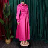 Plus Size Long Sleeve Solid Color Midi Dress(With Belt) GATE-532