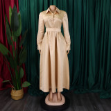 Plus Size Long Sleeve Solid Color Midi Dress(With Belt) GATE-532