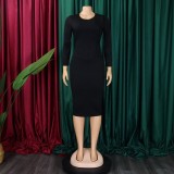 Plus Size Long Sleeve Solid Color Midi Dress GATE-356
