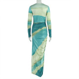 Printed Ruched Long Sleeve Maxi Dress GJYO-JD302978