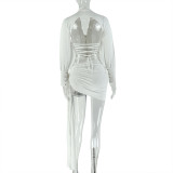 Long Sleeve V Neck Bodysuit Ruched Skirt 2 Piece Set GJYO-JSD711825