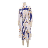 Printed Long Sleeve Lace Patchwork Midi Dress GYLY-11330