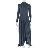 Solid Color Long Sleeve Ruched Maxi Dress GJYO-JD302895
