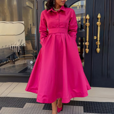 Plus Size Long Sleeve Solid Color Midi Dress(With Belt) GATE-532