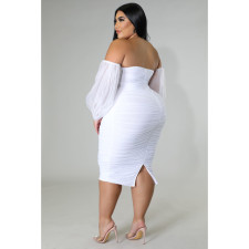 Plus Size Mesh Long Sleeve Ruched Midi Dress GQIF-S0254