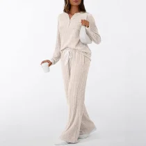 Solid Color Long Sleeve V Neck Pajamas Two Piece Pant Set GSXL-HD9913