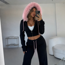 Long Sleeve Fur Hooded Two Piece Pants Set GPKJ-MR50848