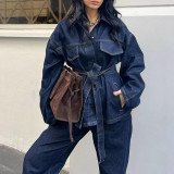 Fashion Long Sleeve Tie Up Denim Pants Suit GMWF-88888