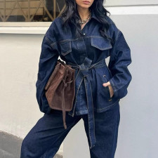 Fashion Long Sleeve Tie Up Denim Pants Suit GMWF-88888