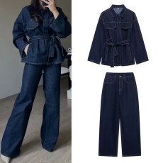 Fashion Long Sleeve Tie Up Denim Pants Suit GMWF-88888