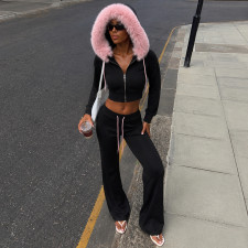 Long Sleeve Fur Hooded Two Piece Pants Set GPKJ-MR50848