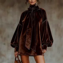 Suede Lantern Sleeve Mini Dress GQLK-1218