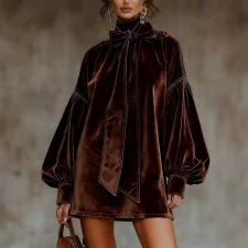 Suede Lantern Sleeve Mini Dress GQLK-1218