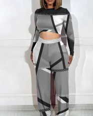 Printed Long Sleeve Top Wide Leg Pants 2 Piece Set GSRX-T9084