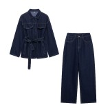 Fashion Long Sleeve Tie Up Denim Pants Suit GMWF-88888