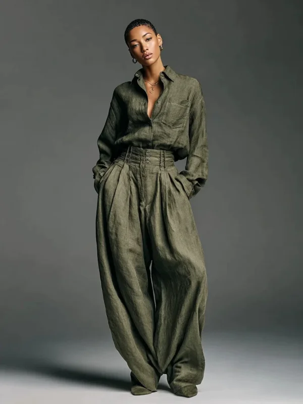 Long Sleeve Solid Color Shirt Pants 2 Piece Set GSNU-3057
