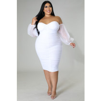 Plus Size Mesh Long Sleeve Ruched Midi Dress GQIF-S0254