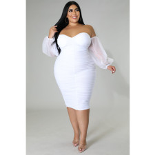 Plus Size Mesh Long Sleeve Ruched Midi Dress GQIF-S0254