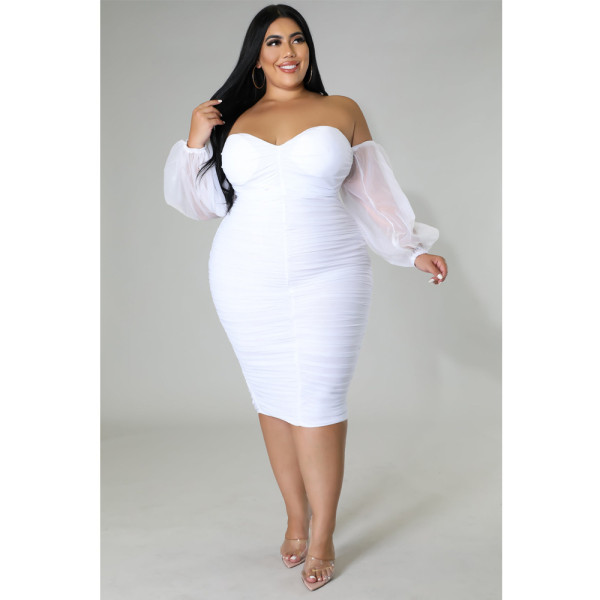 Plus Size Mesh Long Sleeve Ruched Midi Dress GQIF-S0254