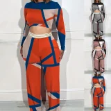 Printed Long Sleeve Top Wide Leg Pants 2 Piece Set GSRX-T9084