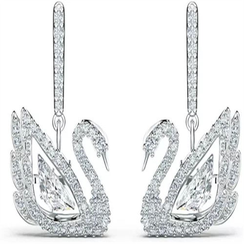 Swarovski Orecchini Dancing Swan, Placcato Rodio, Bianco