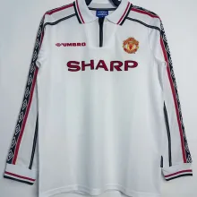 1998/99 M Utd White Retro Long Sleeve Soccer Jersey
