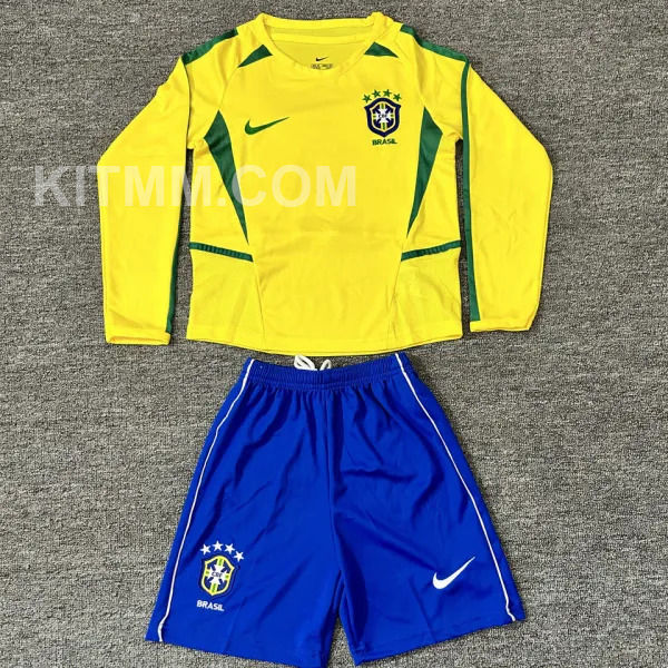 2002 Brazil Home Yellow Kids Retro Long Sleeve Soccer Jersey