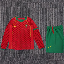 2004 Portugal Home Kids Retro Long Sleeve Soccer Jersey