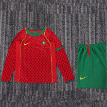 2004 Portugal Home Kids Retro Long Sleeve Soccer Jersey