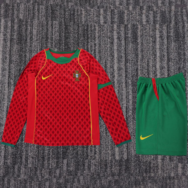 2004 Portugal Home Kids Retro Long Sleeve Soccer Jersey