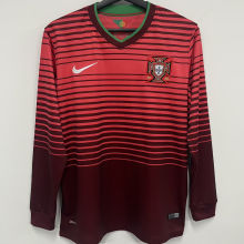 2014 Portugal Home Red Retro Long Sleeve Soccer Jersey